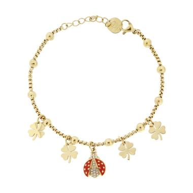 Bracciale Catena Veneziana Quadrifogli e Coccinella pendenti con Crystal Bianchi e Smalto Rosso in ACCIAIO colore Oro<BR>