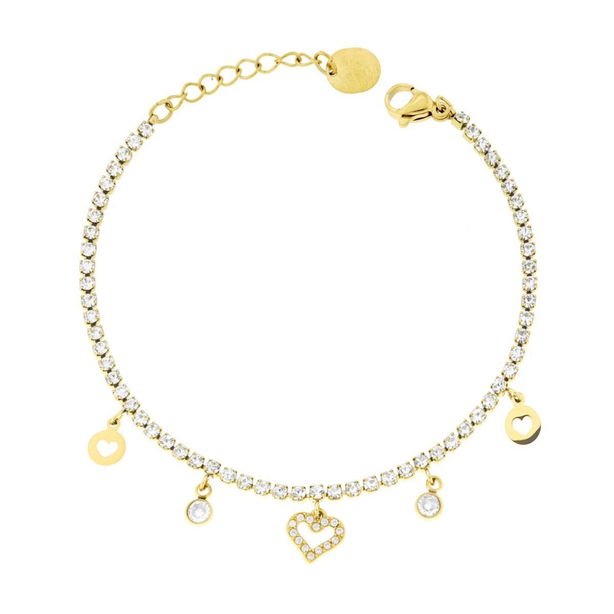 Bracciale Tennis con Cuori pendenti e Crystal Bianchi in ACCIAIO colore Oro<BR>