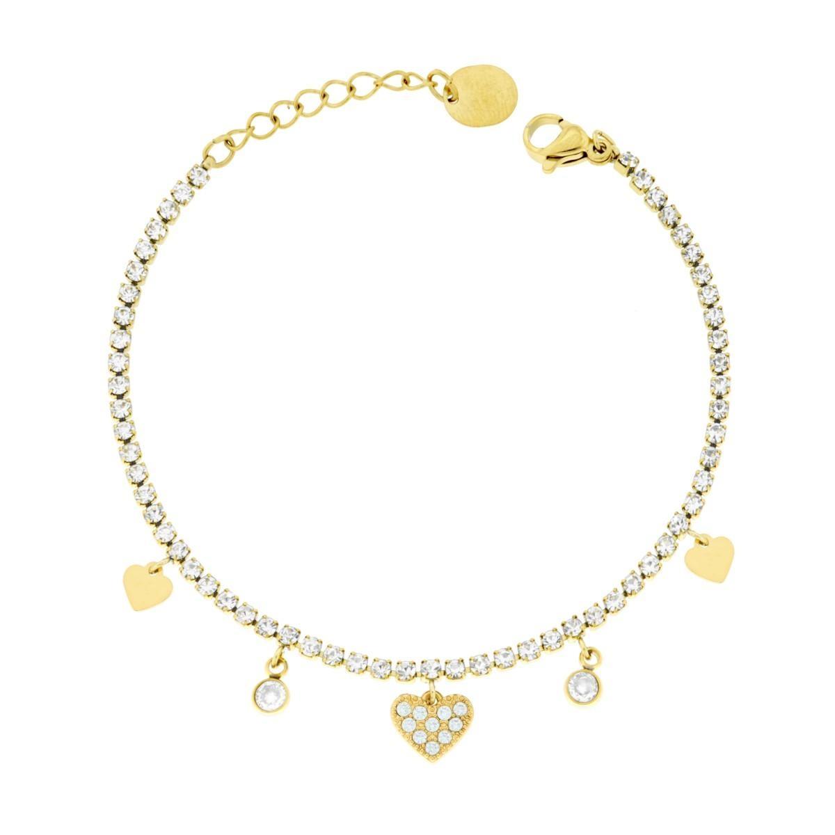Bracciale Tennis con Cuori pendenti e Crystal Bianchi in ACCIAIO colore Oro<BR>