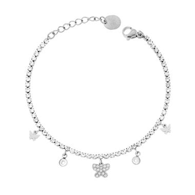 Bracciale Tennis con Farfalle pendenti e Crystal Bianchi in ACCIAIO <BR>