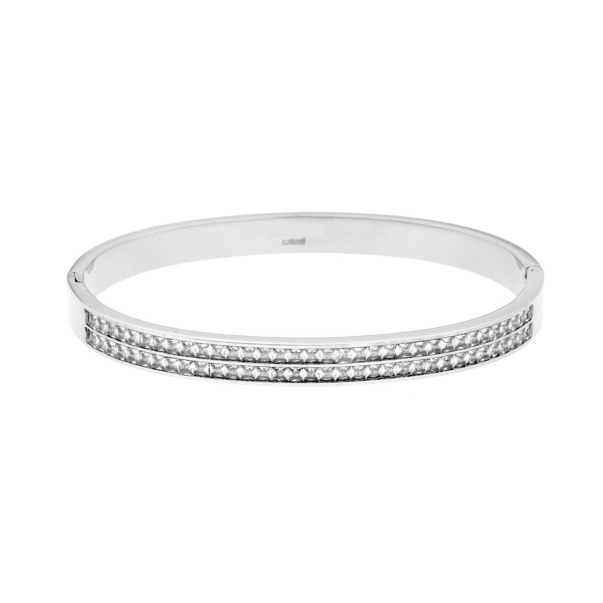 Bracciale Rigido modello Schiava con due file di Crystal Carre Bianchi in ACCIAIO<BR>