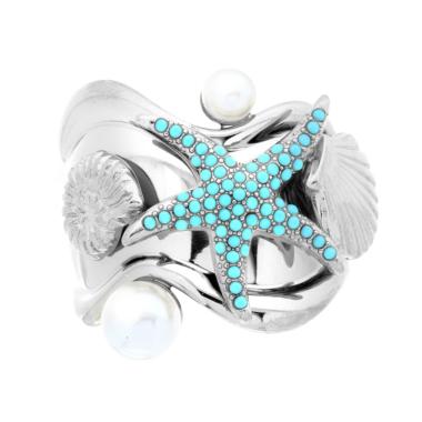 Anello Fascia con soggetti Mare Crystal Turchese e Perle Bianche in ACCIAIO