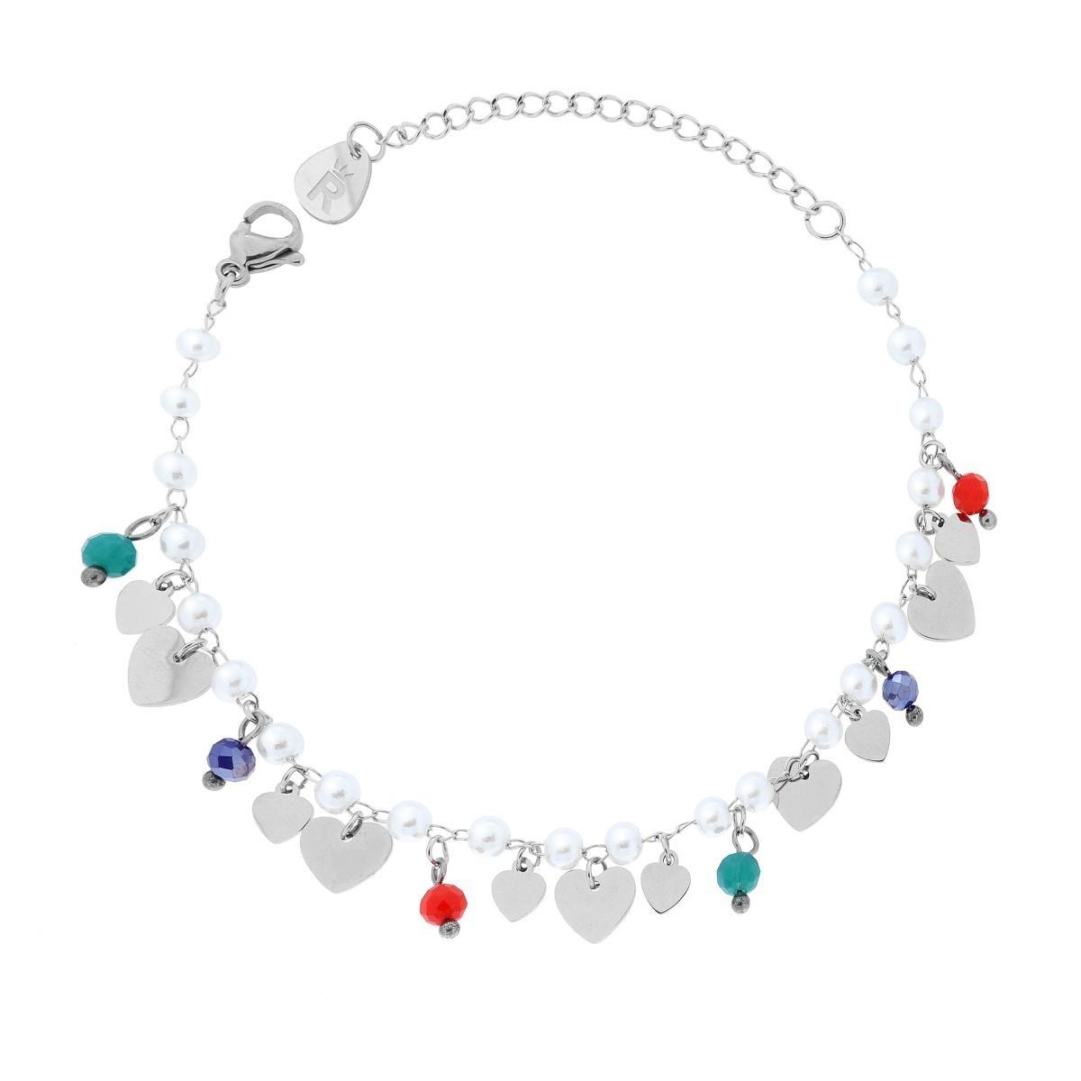 Bracciale Catena con Perle Crystal Multicolor e Cuori pendenti in ACCIAIO <BR>