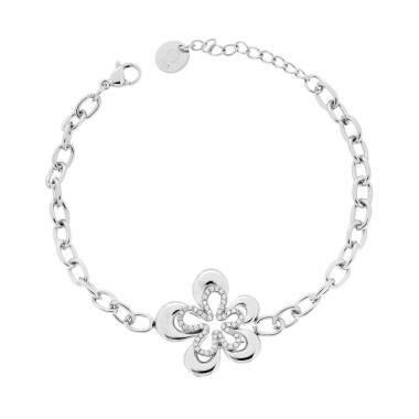 Bracciale Catena Forzatina con Fiore centrale e Crystal Bianchi in ACCIAIO<BR>