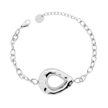 Bracciale Catena Forzatina con Goccia centrale e Crystal Bianchi in ACCIAIO<BR>