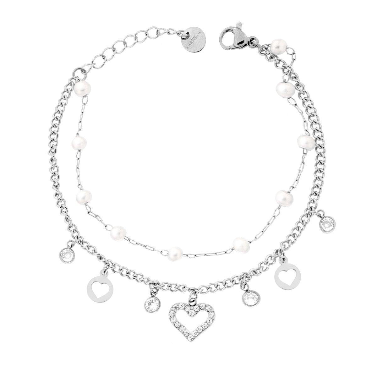 Bracciale due fili Catena Forzatina e Grumetta con Cuori pendenti Crystal Bianchi e Perle in ACCIAIO<BR>