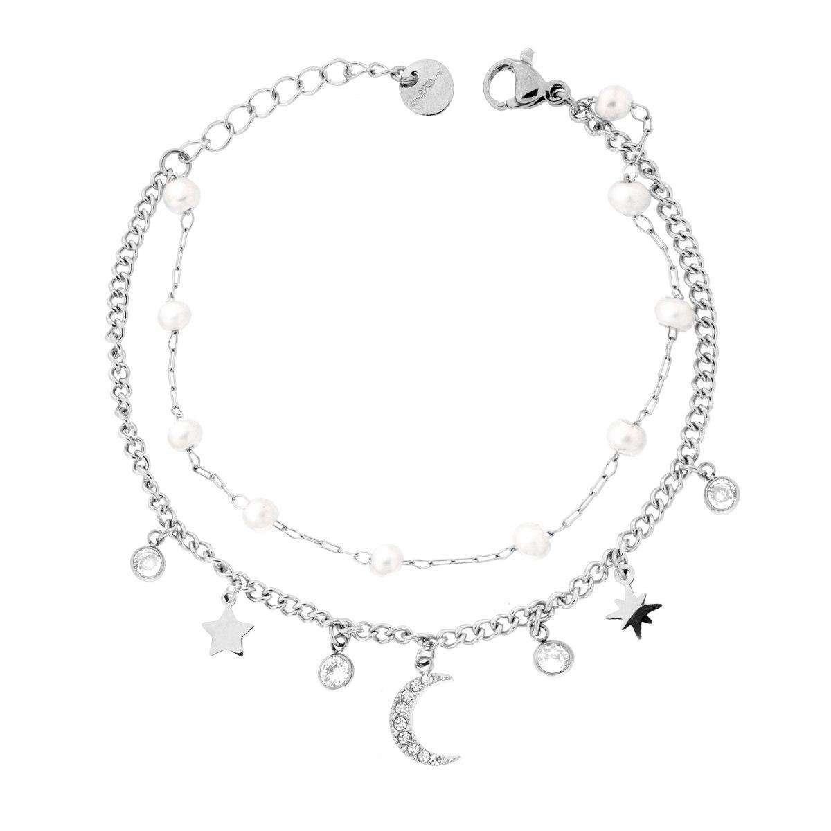 Bracciale due fili Catena Forzatina e Grumetta con Luna e Stelle pendenti Crystal Bianchi e Perle in ACCIAIO<BR>
