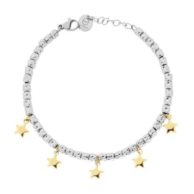 Bracciale Catena con Cilindri Martellati e Stelle Bombati colore Oro in ACCIAIO