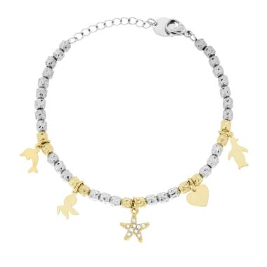 Bracciale Catena con Cilindri Martellati e Charms Mare pendenti colore Oro e Crystal Bianchi in ACCIAIO