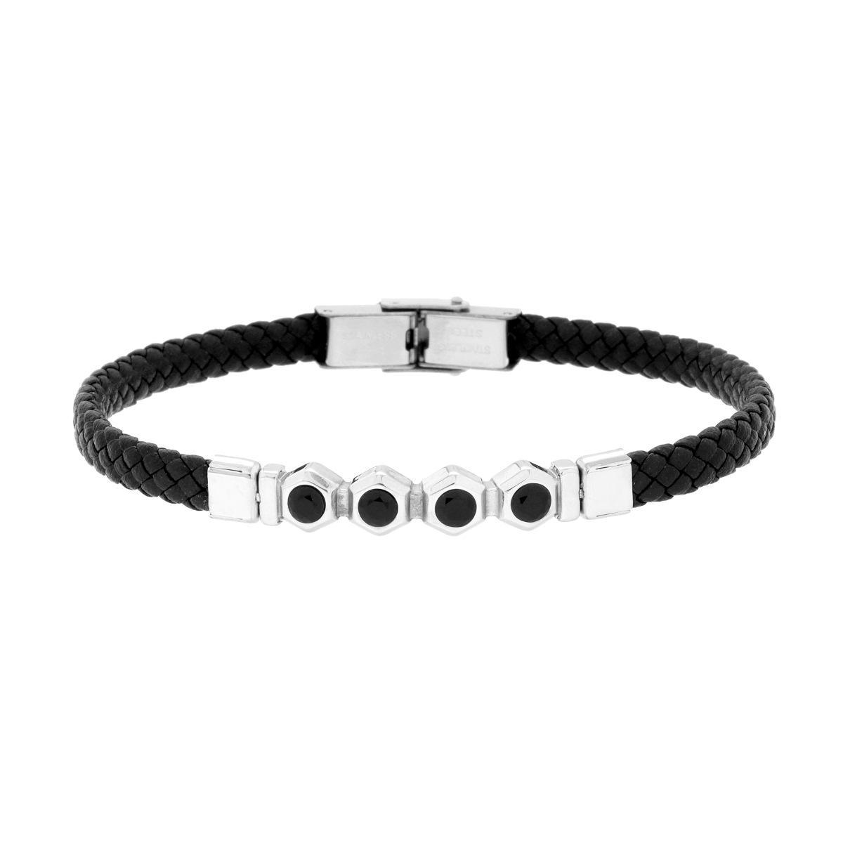 Bracciale Uomo in Ecopelle Intrecciata Nero con Targa e Crystal Neri in ACCIAIO<BR>