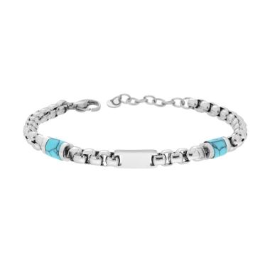 Bracciale Catena Veneziana Tonda con Pietre colore Turchese e Targa in ACCIAIO<BR>