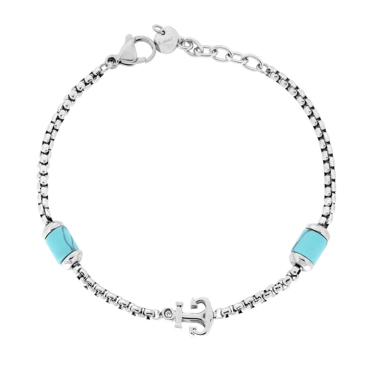 Bracciale Catena Veneziana con Ancora centrale e Pietre colore Turchese in ACCIAIO<BR>