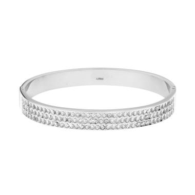 Bracciale Rigido modello Schiava con tre file di Crystal Carre Bianchi in ACCIAIO<BR>