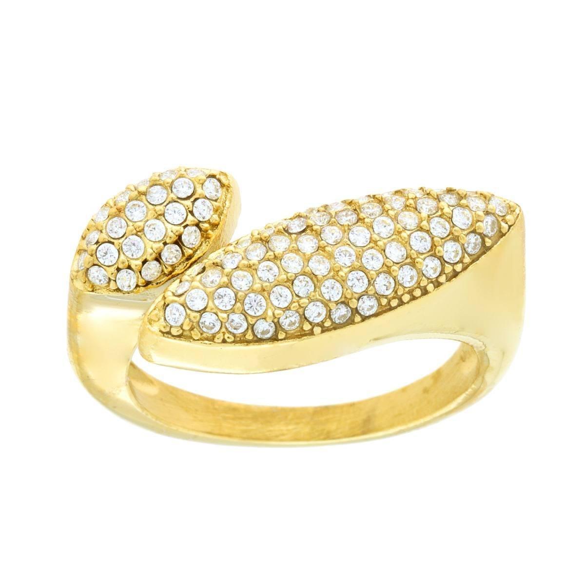 Anello Fascia Contrarie Foglie con Crystal Bianchi in ACCIAIO colore Oro<BR>