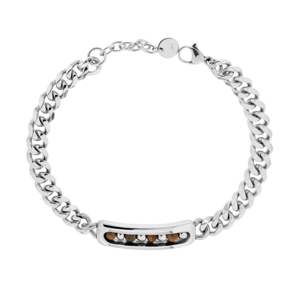 Bracciale Catena Grumetta con Targa e Pietre Tonde colore Occhio di Tigre in ACCIAIO<BR>