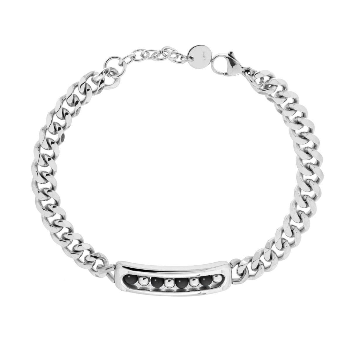 Bracciale Catena Grumetta con Targa e Pietre Tonde colore Onice in ACCIAIO<BR>