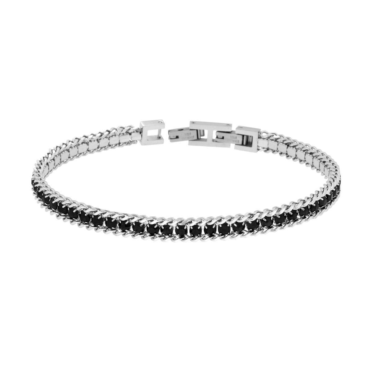 Bracciale Catena Grumetta con Tennis Crystal Neri in ACCIAIO<BR>