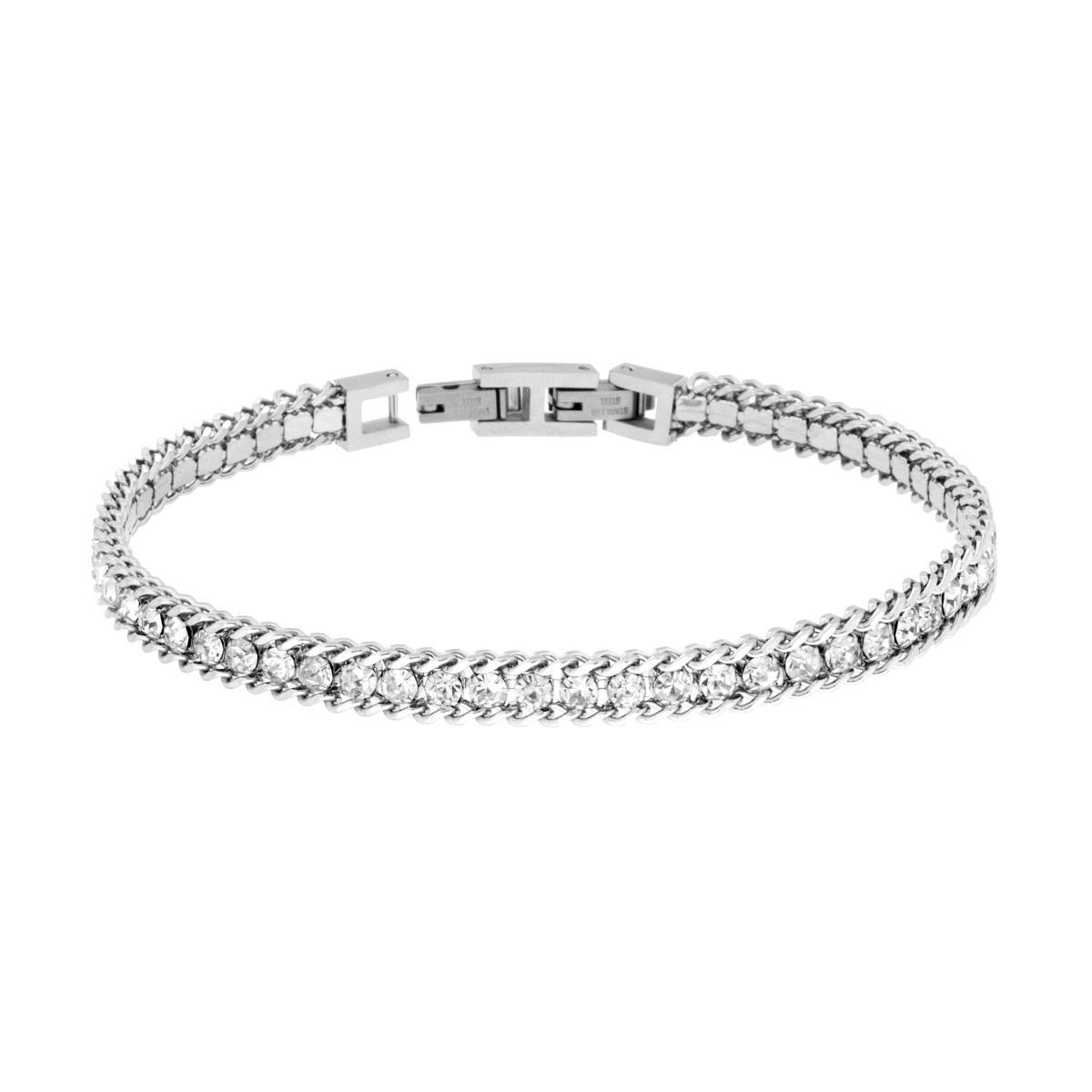 Bracciale Catena Grumetta con Tennis Crystal Bianchi in ACCIAIO<BR>