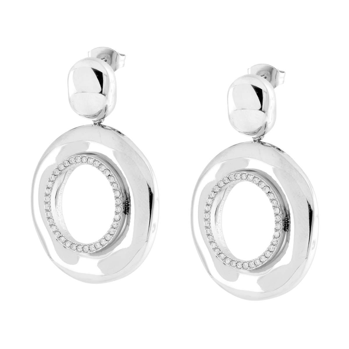 Orecchini con Tondi pendenti e Crystal Bianchi in ACCIAIO<BR>