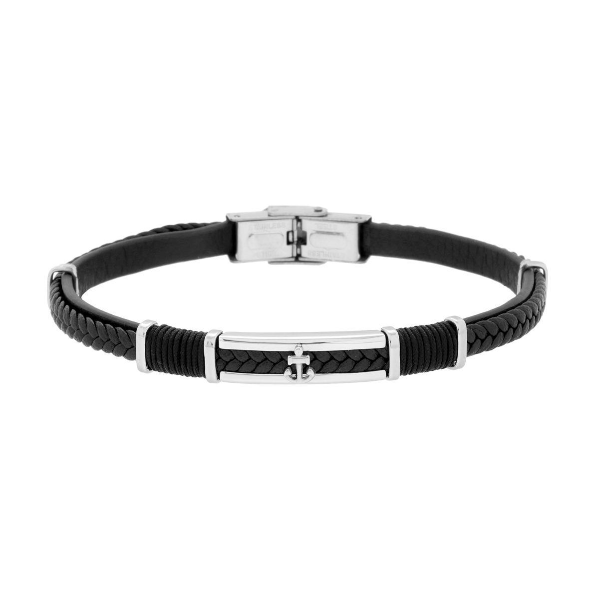 Bracciale Uomo in Ecopelle Intrecciata Nero con Targa e Ancora in ACCIAIO<BR>