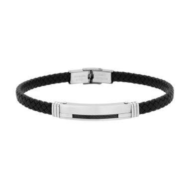Bracciale Uomo in Ecopelle Intrecciata Nero con Targa e Fune colore Nero in ACCIAIO<BR>