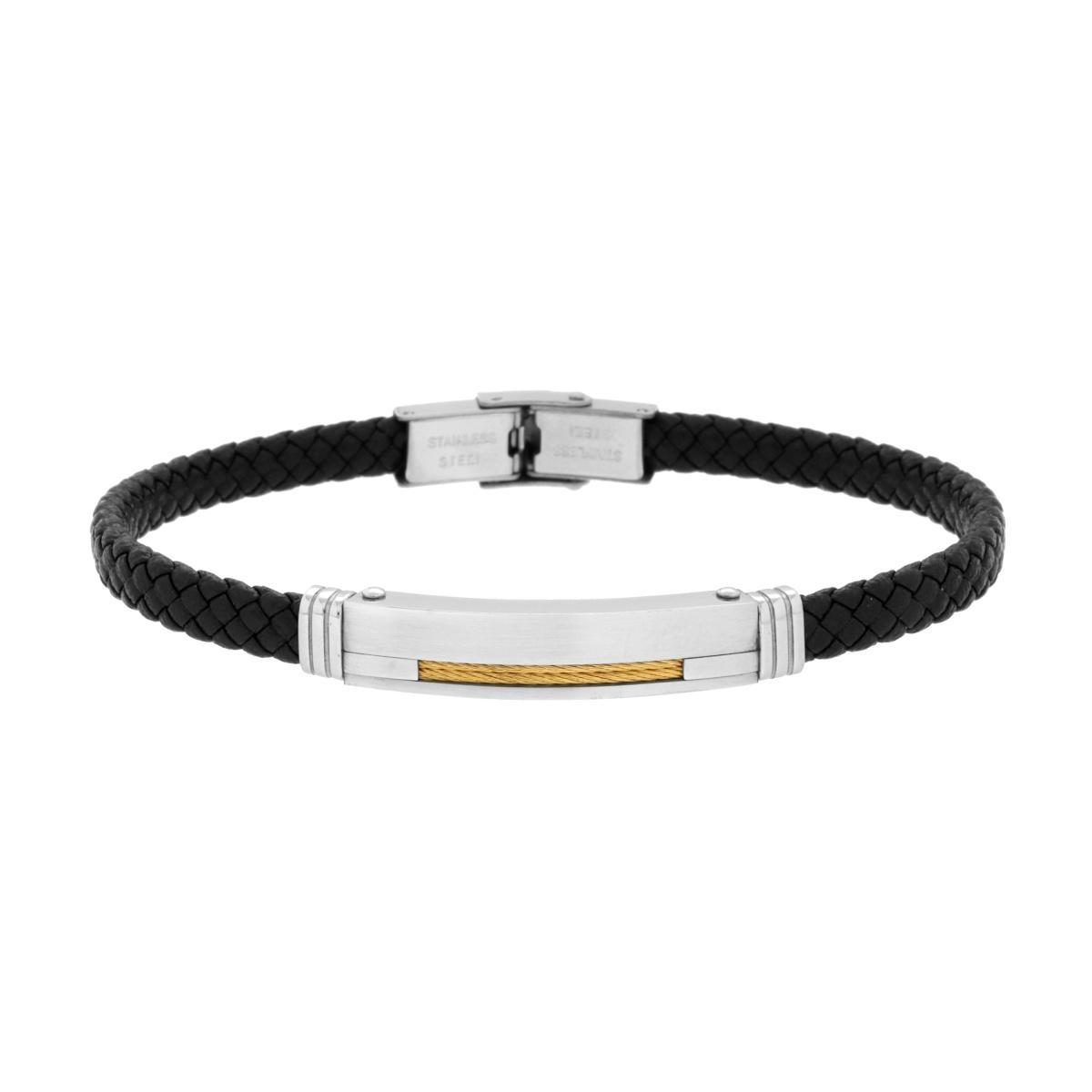 Bracciale Uomo in Ecopelle Intrecciata Nero con Targa e Fune colore Oro in ACCIAIO<BR>