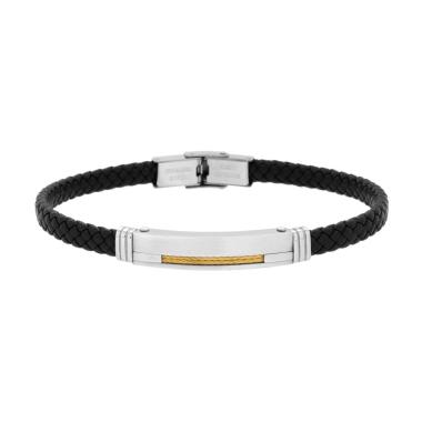 Bracciale Uomo in Ecopelle Intrecciata Nero con Targa e Fune colore Oro in ACCIAIO<BR>