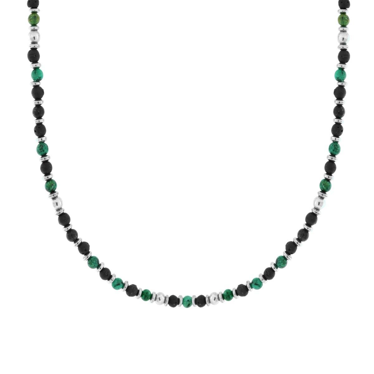 Collana Catena con Anelli e Pietre Tonde Verde Malachite in ACCIAIO<BR>