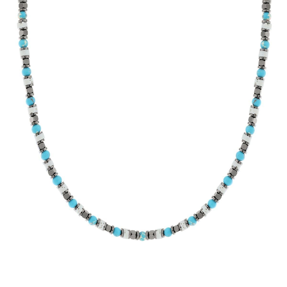Collana Catena con Anelli Cubetti e Pietre Turchese e Bianche in ACCIAIO<BR>