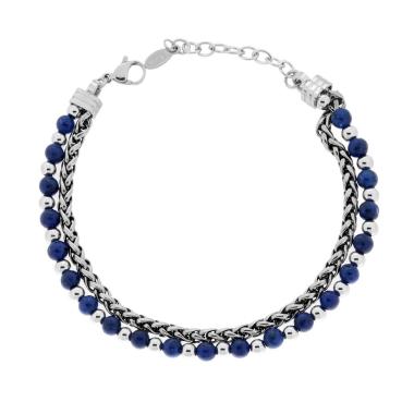 Bracciale due fili Catena Spiga e Palline aternate con Pietre colore Blu Lapislazzuli in ACCIAIO<BR>