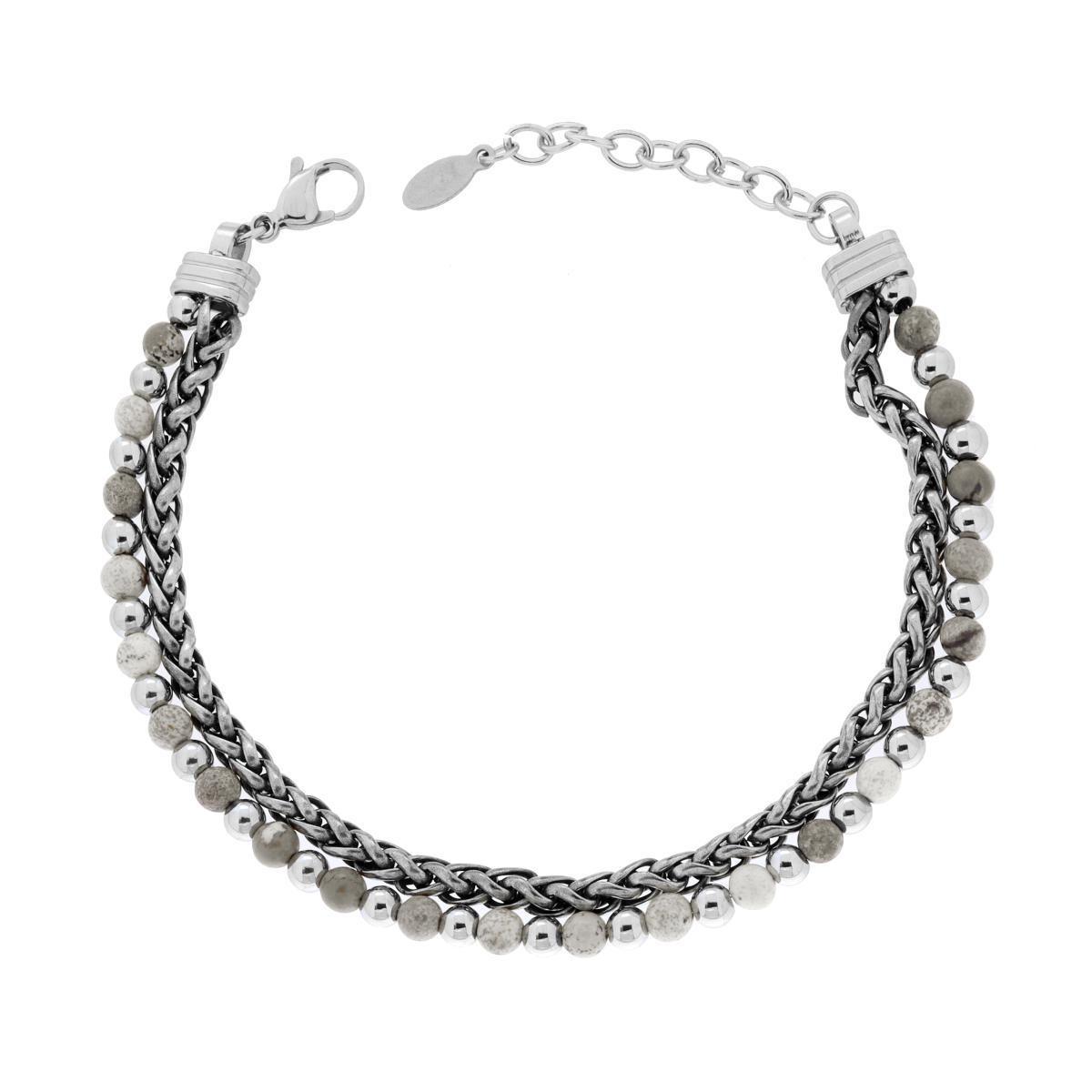 Bracciale due fili Catena Spiga e Palline aternate con Pietre colore Diaspro grigio in ACCIAIO<BR>