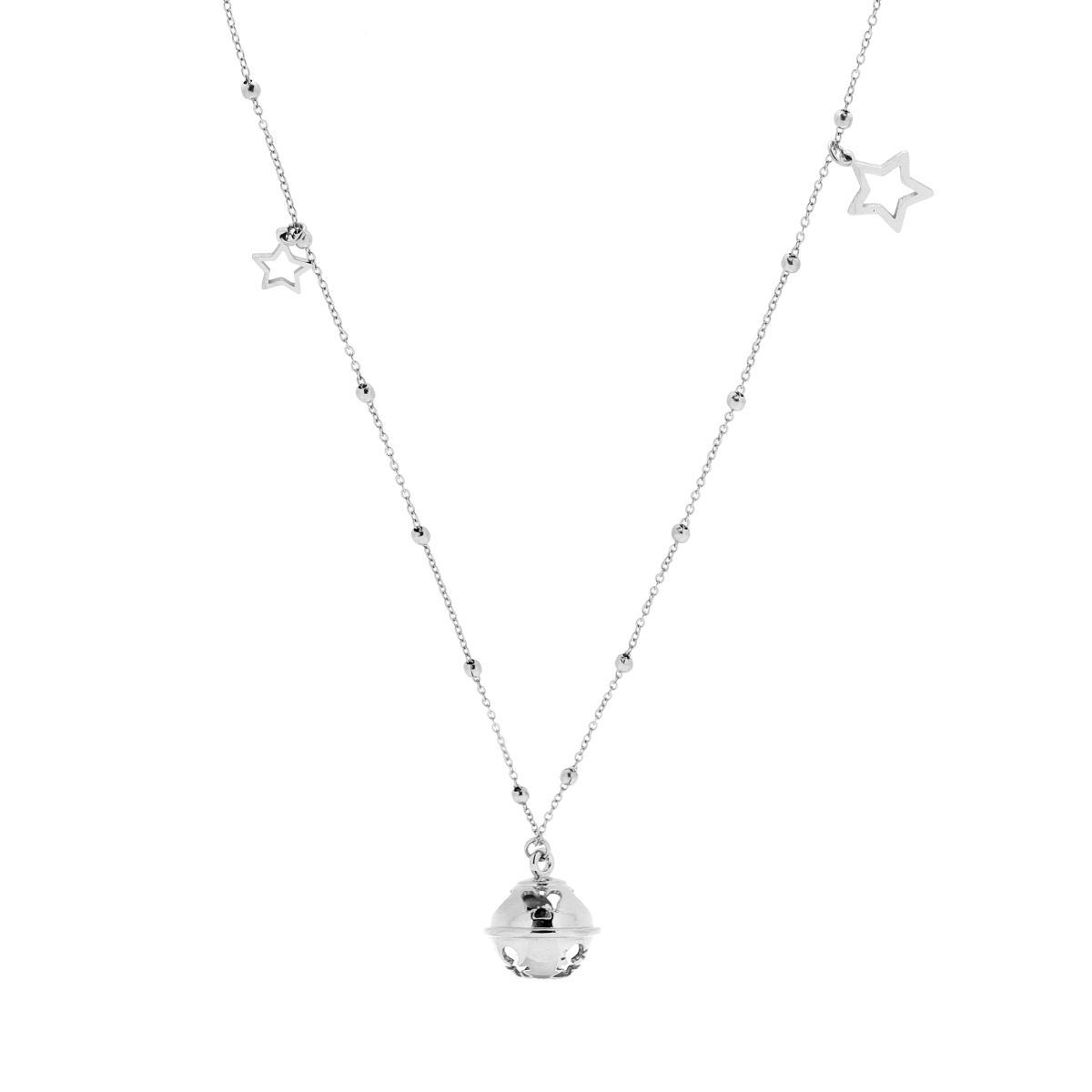 Collana Catena Forzatina Diamantata con Palline cm 90+5 con Chiama Angeli Traforato e Stelle pendenti in ACCIAIO <BR>