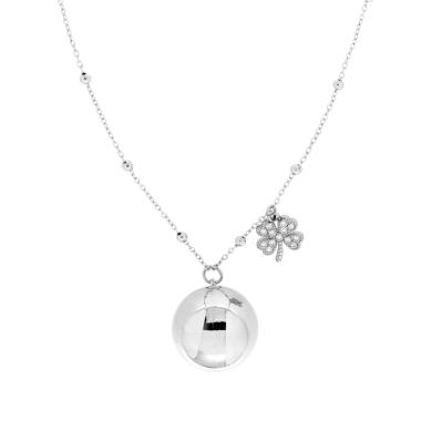 Collana Catena Forzatina Diamantata con Palline cm 90+5 con Chiama Angeli e Quadrifoglio con Crystal Bianchi in ACCIAIO <BR>
