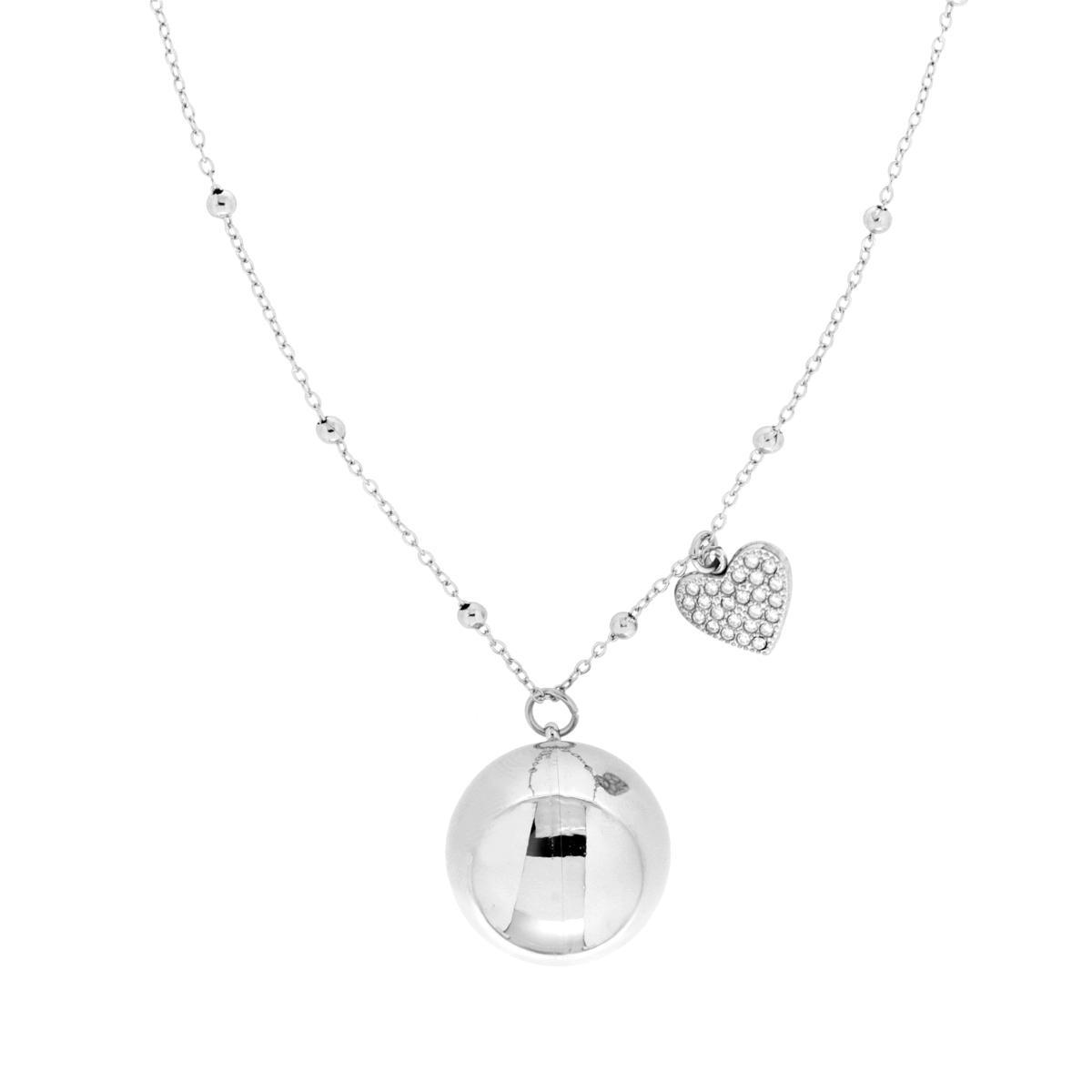 Collana Catena Forzatina Diamantata con Palline cm 90+5 con Chiama Angeli e Cuore con Crystal Bianchi in ACCIAIO <BR>
