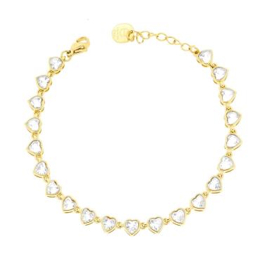 Bracciale Tennis Cuore con Crystal Bianchi in ACCIAIO colore Oro<BR>