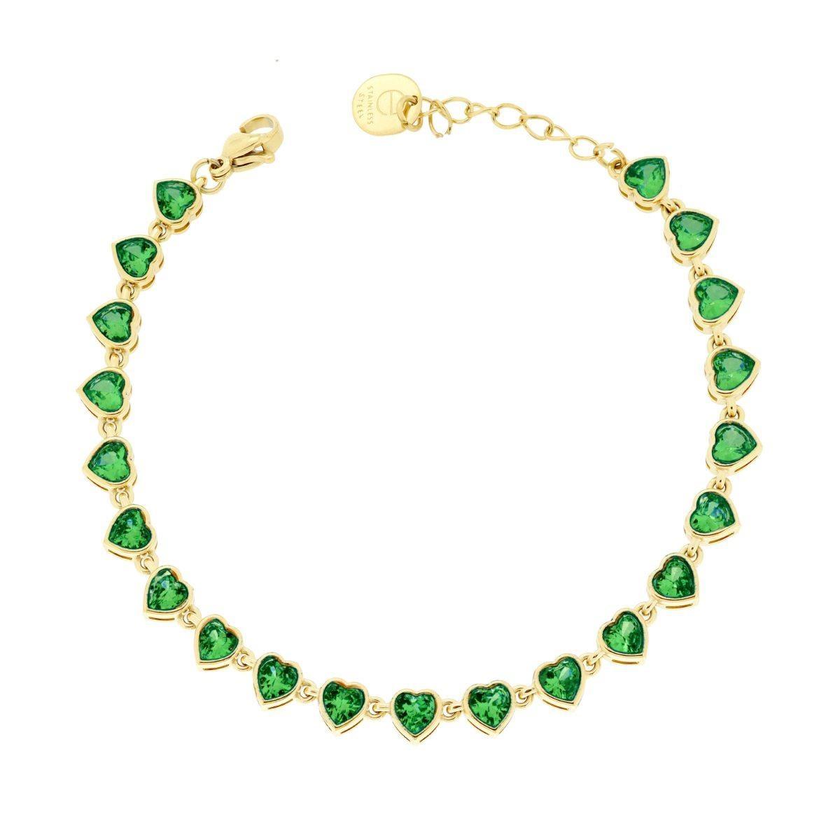 Bracciale Tennis Cuore con Crystal Verde Smeraldo in ACCIAIO colore Oro