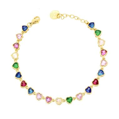 Bracciale Tennis Cuore con Crystal Multicolor in ACCIAIO colore Oro<BR>