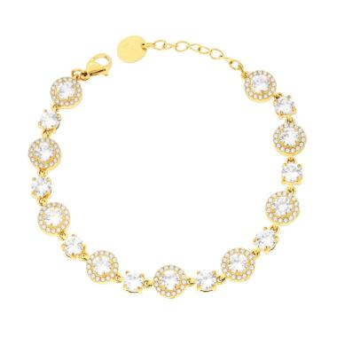 Bracciale Tennis Tondi contornati da Crystal Bianchi in ACCIAIO colore Oro<BR>