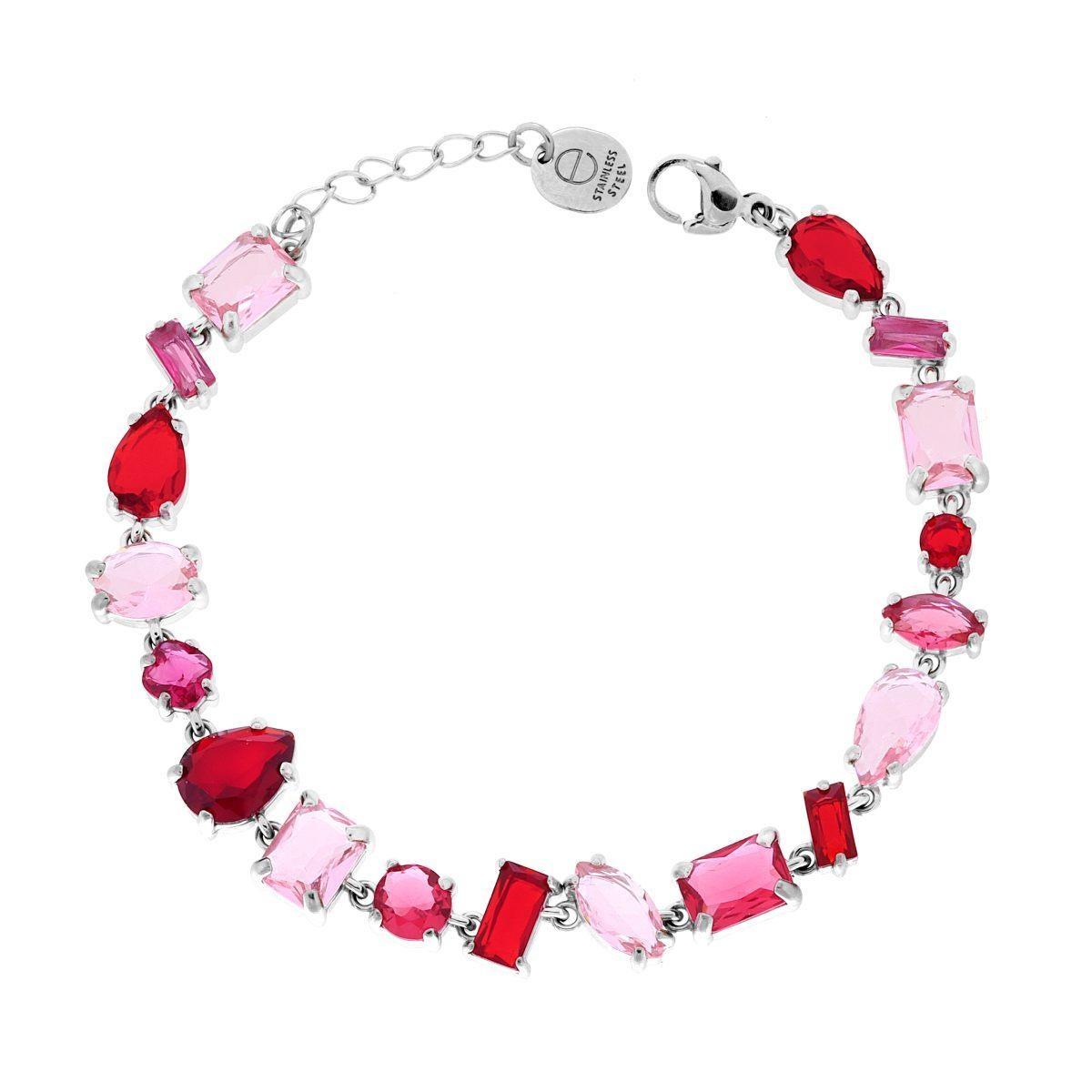 Bracciale Tennis con Crystal Multitaglio toni del Rosso Rubino in ACCIAIO<BR>