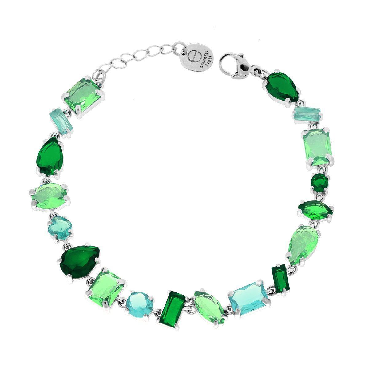 Bracciale Tennis con Crystal Multitaglio toni del Verde Smeraldo in ACCIAIO<BR>