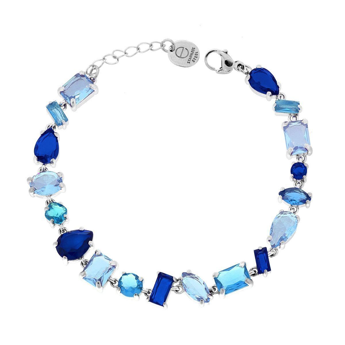 Bracciale Tennis con Crystal Multitaglio toni del Blu Zaffiro in ACCIAIO<BR>