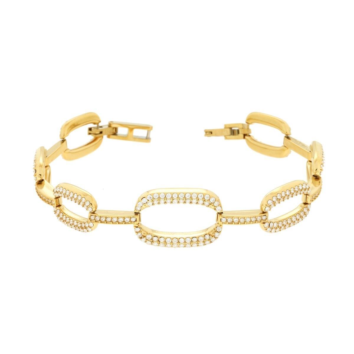 Bracciale Catena con Ovali e Crystal Bianchi in ACCIAIO colore Oro<BR>