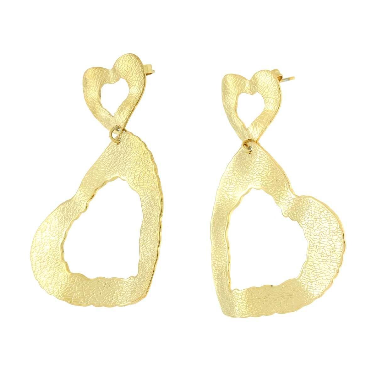 Orecchini con Piastre Cuore Irregolari Diamantate in ACCIAIO color Oro<BR>