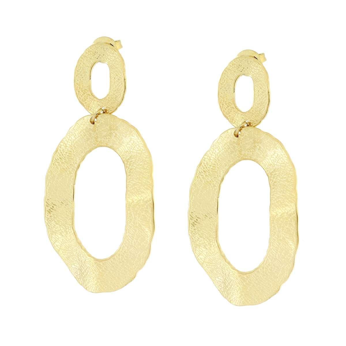 Orecchini con Piastre Ovali Irregolari Diamantate in ACCIAIO color Oro<BR>