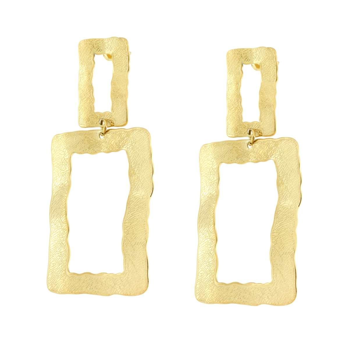 Orecchini con Piastre Rettangolari Irregolari Diamantate in ACCIAIO color Oro<BR>