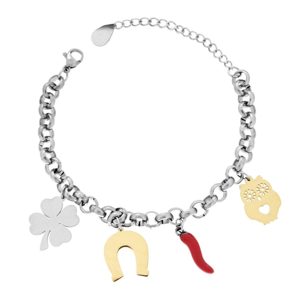 Bracciale Catena Rolo con Charms Portafortuna colore Oro e Corno Smalto Rosso pendenti in ACCIAIO<BR>