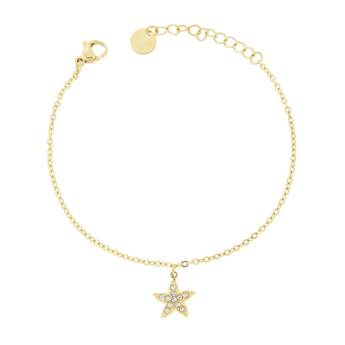 Bracciale Catena Forzatina Diamantata con Stella Marina e Crystal Bianchi in ACCIAIO colore Oro<BR>