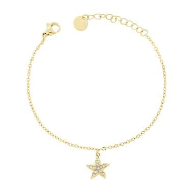 Bracciale Catena Forzatina Diamantata con Stella Marina e Crystal Bianchi in ACCIAIO colore Oro<BR>