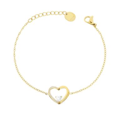 Bracciale Catena Forzatina Diamantata con doppio Cuore e Crystal Bianchi in ACCIAIO colore Oro<BR>