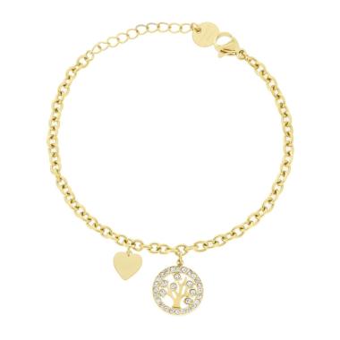 Bracciale Catena Forzatina con Albero della Vita Cuore e Crystal Bianchi in ACCIAIO colore Oro<BR>